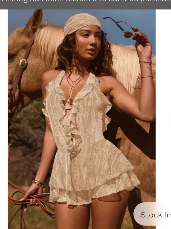 Oh Polly Pants - Oh Polly Morgaine Ruffled Plunge Halter Romper Tan Print M NWT